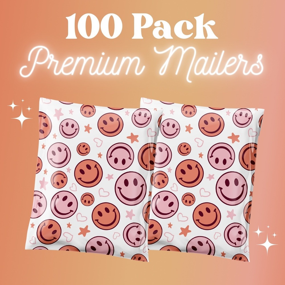 Pink Smiley Face Poly Mailers 10x13 Inch‎ 100 Pack Shipping Supplies Happy Face
